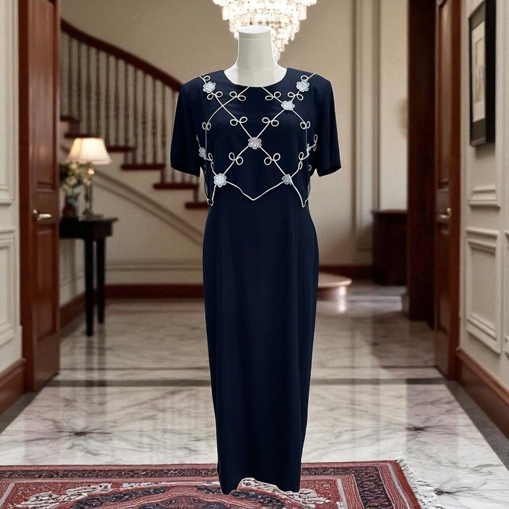 Vintage‎ Miss Scarlett Navy Floral Applique Maxi Dress SZ 16 Elegant Timeless
